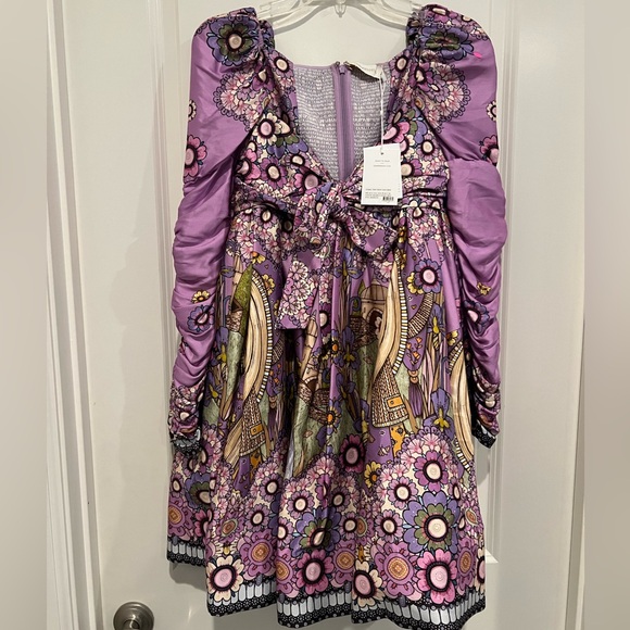 NEW Zimmerman Cosmic Twist Front purple bow ruched sleeve flare dress - Picture 3 of 16